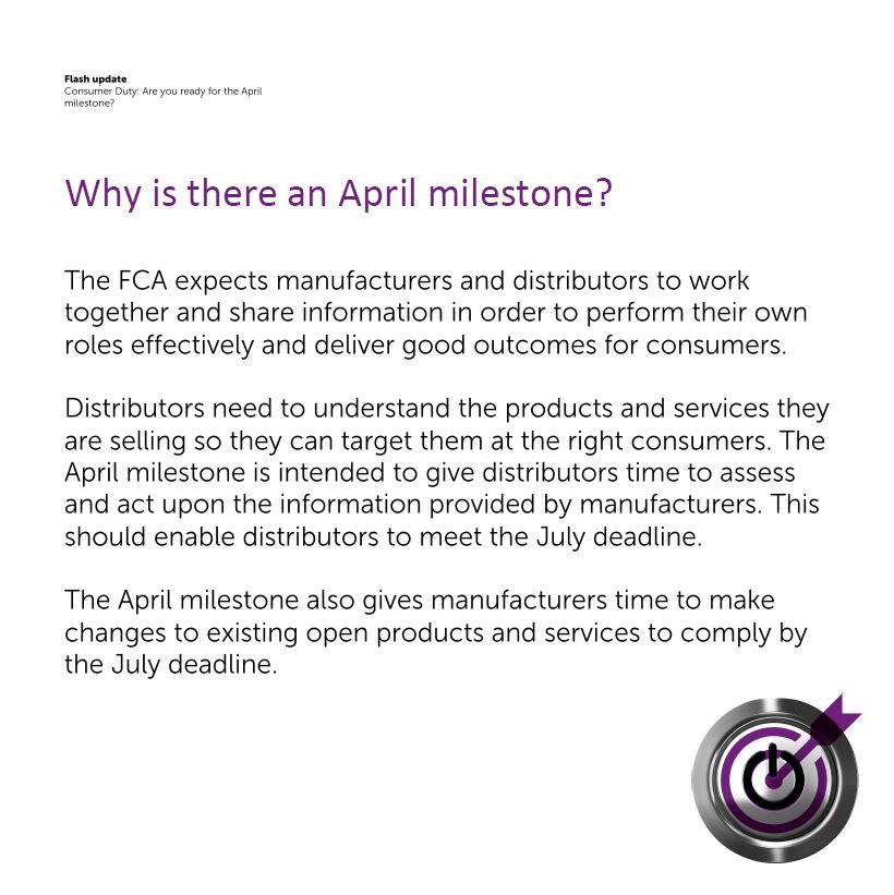 ESfinanciallaw's tweet image. In our latest #FlashUpdate our UK Financial Services team discuss the upcoming #ConsumerDuty April milestone and what manufacturers and distributors need to have achieved by 30 April 2023.