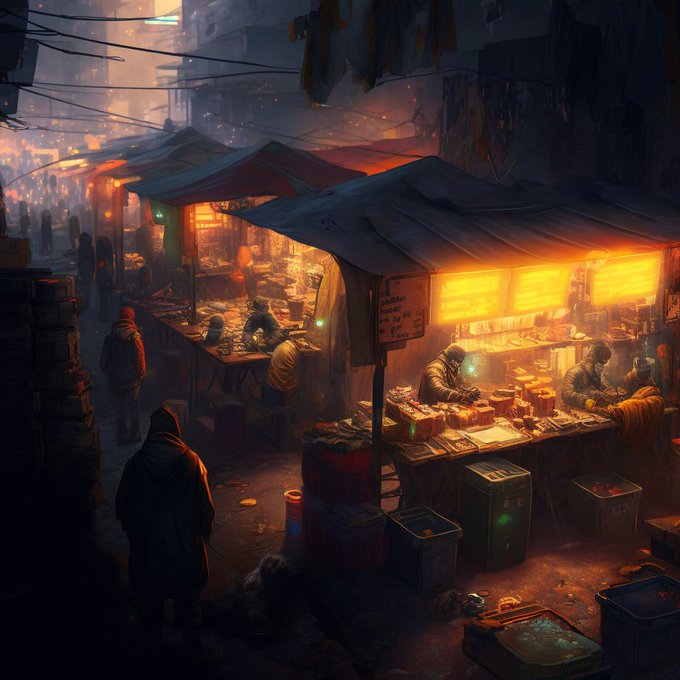Some #midjourney output for inspiration for my Cyberpunk Night Market online store... https://t.co/F<a href="/tag/midjourney"class="tags">#midjourney</a>