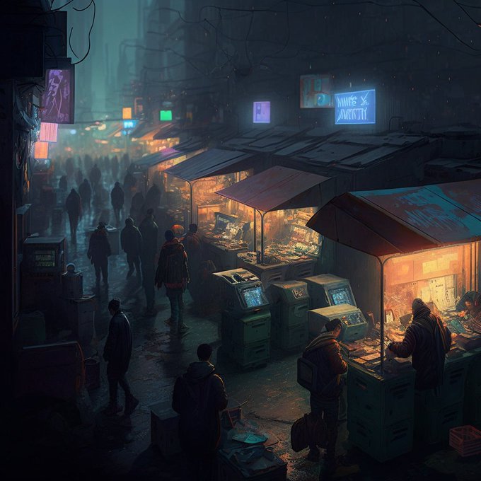 Some #midjourney output for inspiration for my Cyberpunk Night Market online store... https://t.co/F<a href="/tag/midjourney"class="tags">#midjourney</a>