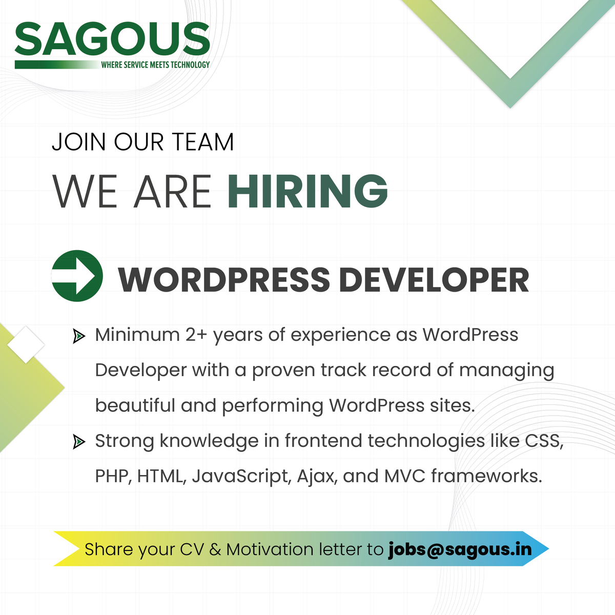 Sagoussoftware's tweet photo. We are #hiring 📢 WordPress Developer
Apply now - https://t.co/iGkWuWTMOs
🌐 https://t.co/Jmqut1CMGG
📩 jobs@sagous.in
#wordpressdevelopers #wordpressdeveloperjobs #chennaijobs #hiringalert #hiringtalent #hiringdevelopers #itjobs #techjobs #jobseekers #chennaiopenings https://t.co/NnpZRykjHQ