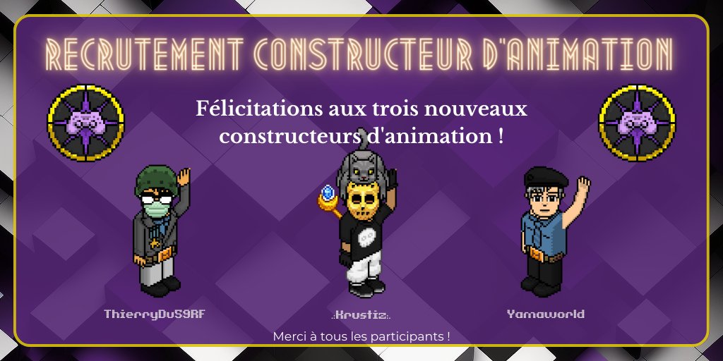 RF_OFFICIEL's tweet image. 🛠️Recrutement Constructeur d'Animation ! 

Félicitations aux trois nouveaux constructeurs d'animation !