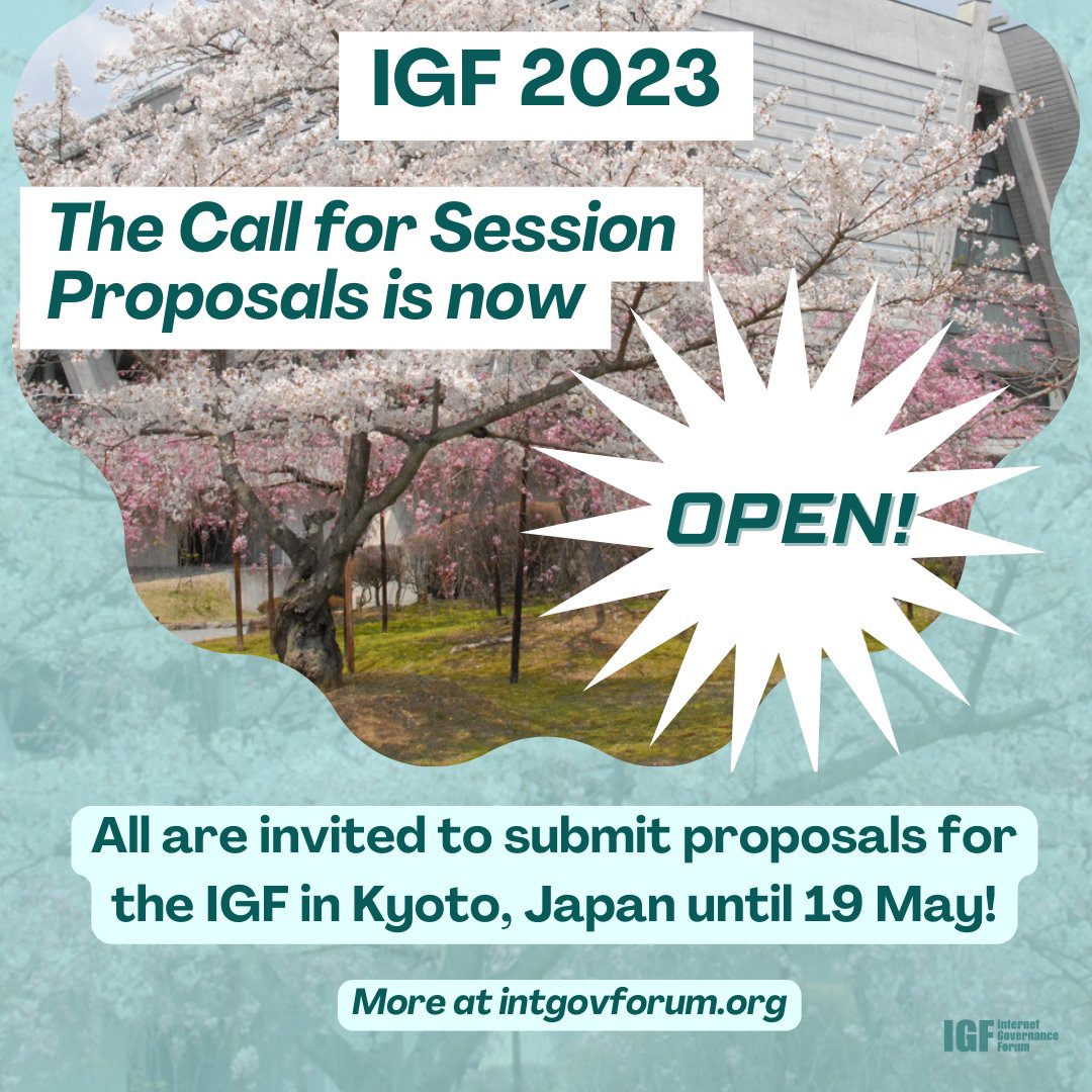 We're pleased to announce the #IGF2023 Call for Session Proposals is now open‼️

All stakeholders are invited to make proposals for sessions under one of the meeting's 8⃣ subthemes - until the deadline 🗓️19 May 2023

🌟All details HERE bit.ly/413nU0F🌟

#InternetWeWant
