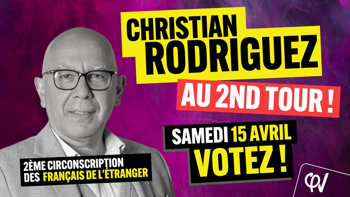 FranceInsoumise's tweet photo. ✅ @ChrisRodrigAl s’est qualifié pour le 2d tour de la législative partielle de la 2ème circonscription des Français de l’étranger.

➡️ La #FranceInsoumise appelle les électeurs à se déplacer massivement aux urnes le 15 avril !

🔎 Infos : https://t.co/K9MtBmOY5Q

#Rodriguez2023 https://t.co/UaKMD99Vqn