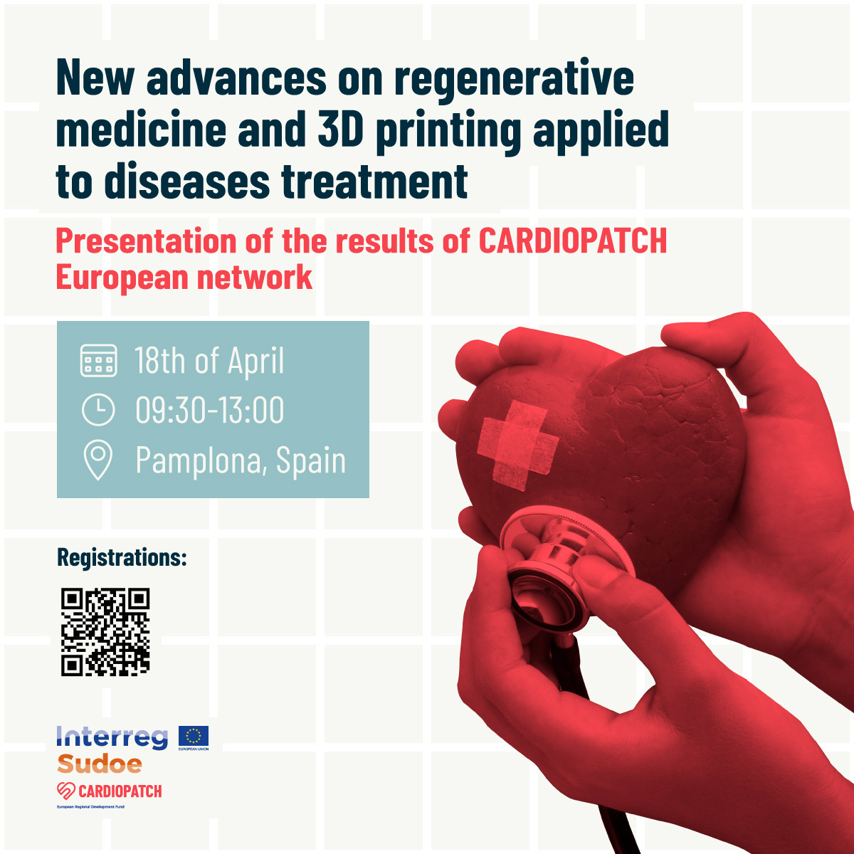 CardioPatch's tweet photo. 🆕 #CARDIONEWS | #CARDIOPATCH shows a new therapeutic strategy for #myocardialinfarction.
The European @Sudoe5 project will present its results to the biohealth sector in Pamplona.
📅 18th of April
📍Assembly Hall of @CIMA_unav
✍️ https://t.co/Gp3PKdBTUg
#SaveTheDate https://t.co/y44PK3bVSi