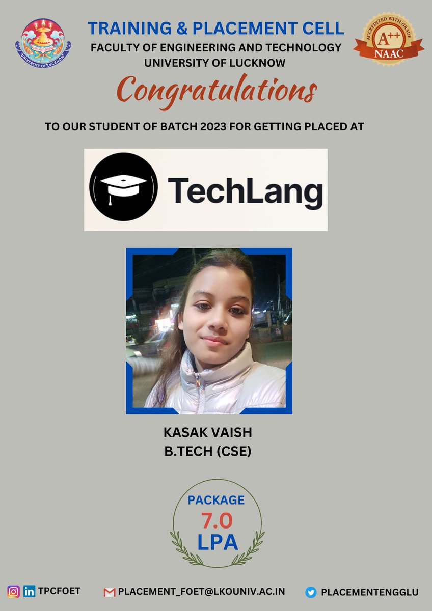 Training & Placement Cell @FoET-LU (@placementengglu) on Twitter photo Big congratulations to Kasak Vaish, a student of BTech from our university, for securing a coveted role as BDA at Techlang with an impressive package of 7.0 LPA! We're proud of Kasak's accomplishment and wish her a bright future ahead.
<a href="/profalokkumar/">Professor Alok Kumar Rai</a> <a href="/dswlkouniv/">Dean Students’ Welfare, UoL</a> <a href="/ProfAshokSingh1/">Prof Ashok Kumar Singh; Dean FoET</a> Big congratulations to Kasak Vaish, a student of BTech from our university, for securing a coveted role as BDA at Techlang with an impressive package of 7.0 LPA! We're proud of Kasak's accomplishment and wish her a bright future ahead.
<a href="/profalokkumar/">Professor Alok Kumar Rai</a> <a href="/dswlkouniv/">Dean Students’ Welfare, UoL</a> <a href="/ProfAshokSingh1/">Prof Ashok Kumar Singh; Dean FoET</a>
