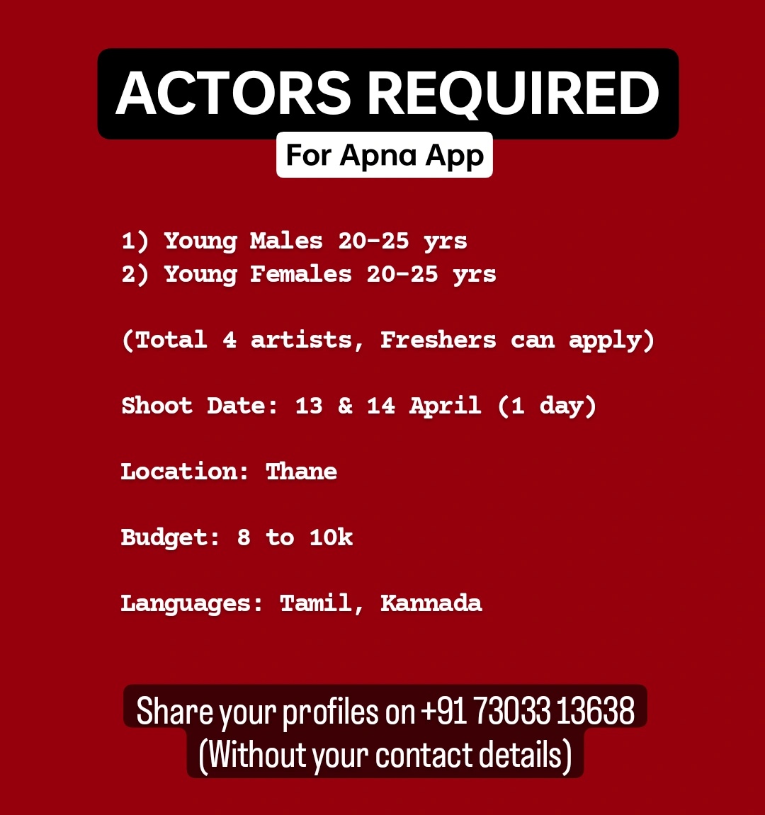 FirstCutWorld's tweet photo. #tamil & #kannada #actors required for #apnaapp
Location #thane
Send your profiles on +91 73033 13638 (without your phone number)
#firstcut #femaleactor #maleactor #tamilactors #kannadaactors #mumbaiactors #apna #casting #castingcall #castingcallmumbai #auditions #acting https://t.co/gHVDGNRIJf