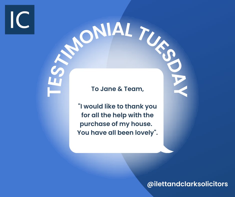 ilettandclark's tweet photo. It's Testimonial Tuesday.
.
This week it is for Jane Machin and the conveyancing team - well done!
.
#testimonialtuesday #ilettandclarksolicitors #solicitorsinworksop #nottinghamshirebusiness #housesale #housepurchase #transferofequity #clientfeedback https://t.co/5ZREJpTiyH