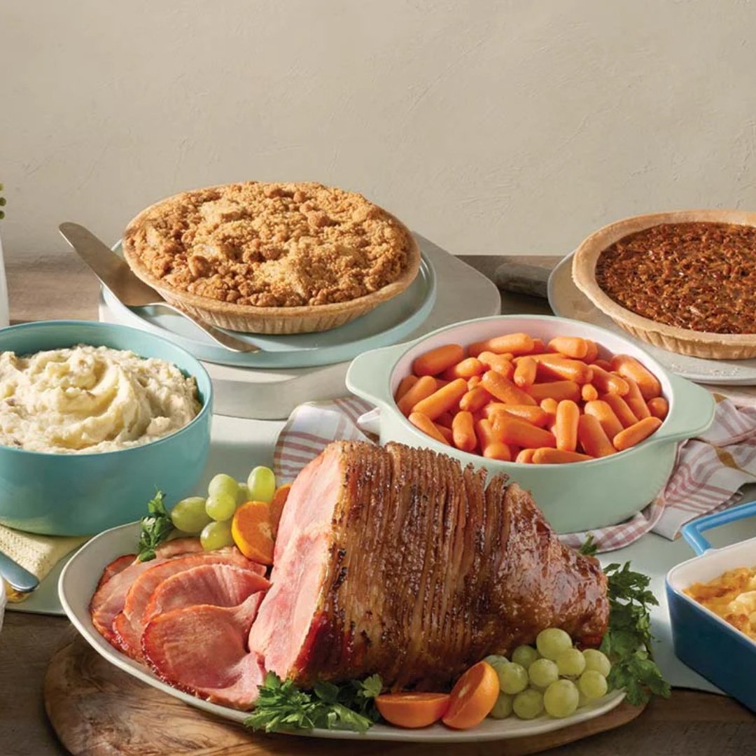 ShopRockvale's tweet image. Order early for your Easter Ham Heat n' Serve Feast at Cracker Barrel. 
Includes spiral-sliced Sugar-Cured Ham, Mashed Potatoes with Gravy, Sweet Yeast Rolls, choice of three Country Sides, Apple Streusel Pie and Pecan Pie.