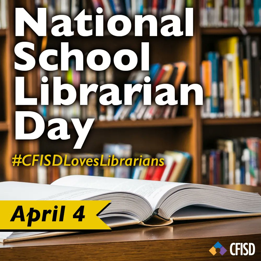 Cypress-Fairbanks ISD (@cyfairisd) on Twitter photo Happy School Librarian Day to all of our dedicated librarians! Thank you for instilling a love of reading in our students. #SchoolLibraryMonth #CFISDforAll #CFISDLovesLibrarians
<a href="/CyFairLibraries/">CyFairLibraries</a> π Happy School Librarian Day to all of our dedicated librarians! Thank you for instilling a love of reading in our students. #SchoolLibraryMonth #CFISDforAll #CFISDLovesLibrarians
<a href="/CyFairLibraries/">CyFairLibraries</a> π