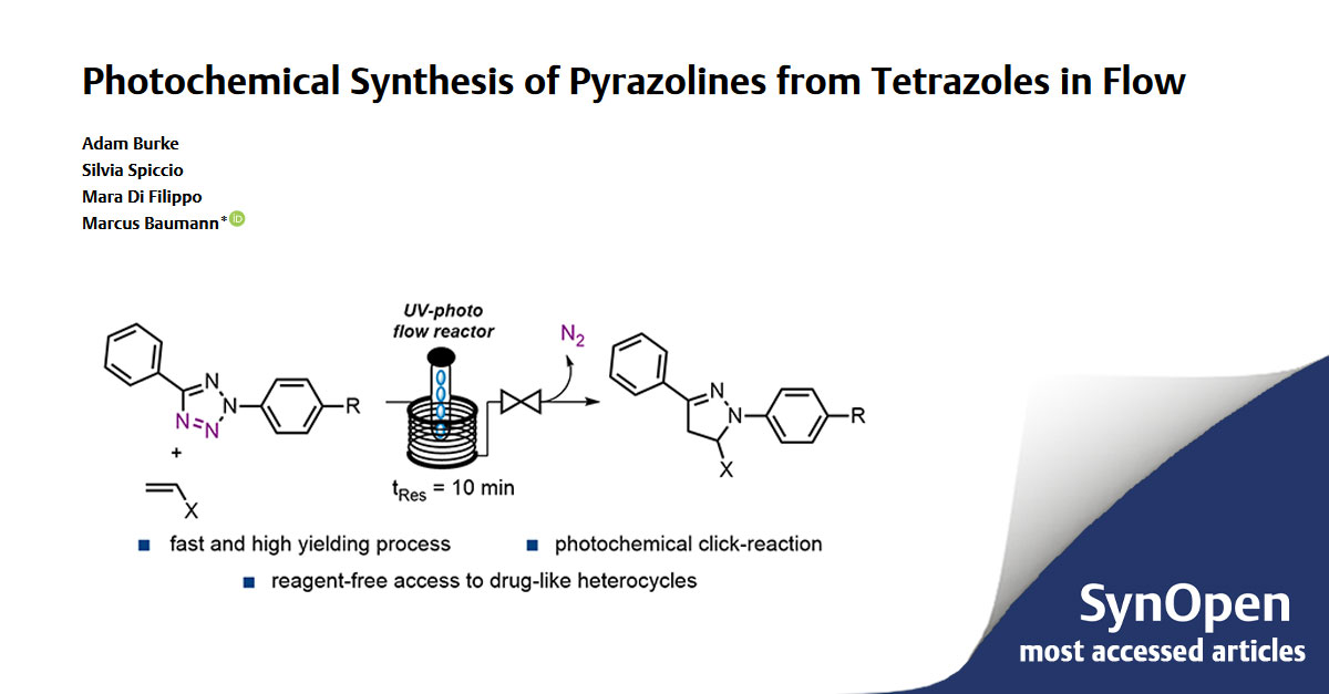 thiemechemistry's tweet photo. The 7th of our #mostaccessed #SynOpen article series is the ’#PhotochemicalSynthesis of Pyrazolines from Tetrazoles in Flow‘. Read the full text by @BaumannGroupUCD from qucddublin here 👉 https://t.co/Ie6gljaUOk https://t.co/4MrTdBOKEB