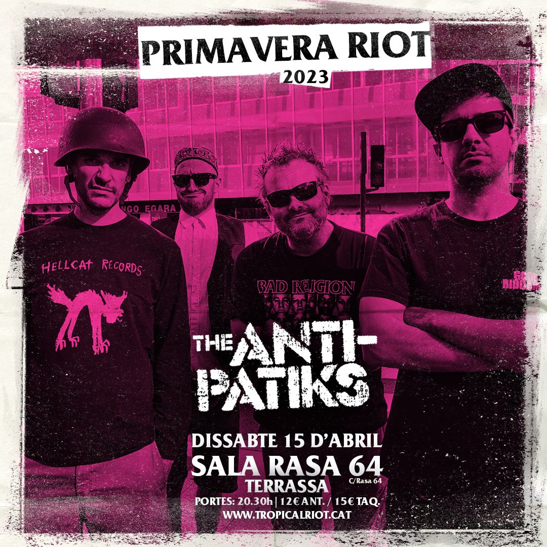 💥15 ABRIL - PRIMAVERA RIOT 2023 - SALA RASA 64💥 
ℹ INFO: 
📍 Sala Rasa 64 (c/Rasa, 64), Terrassa ⏰ Portes: 20.30h 
🎫 ANTICIPADA 12€ / TAQUILLA 15€ 🌐 bit.ly/PrimaveraRiot2…