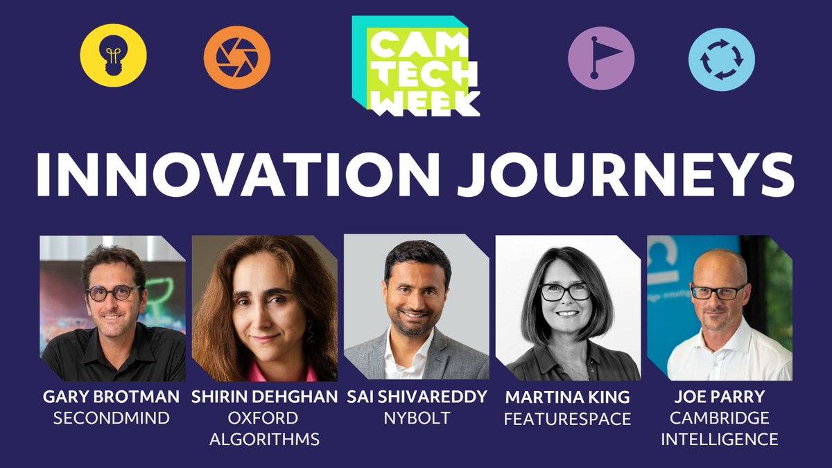 Don't miss our Innovation Journey sessions, aka Fireside Chats with #entrepreneurs in areas such as #ML for #AV, #DataVisualisation #Batteries #Fraud protection. With @SecondmindAI @FeaturespaceLtd @CambridgeIntel @nyobolt @OxfordAlgo cambridgetechweek.co.uk/programme/ #CTW23 #Innovation