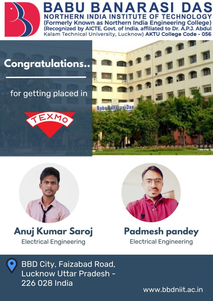 BbdniitEe's tweet photo. Many congratulations to our students Padmesh Pandey and Anuj Kumar Saroj #BTech #EE, 2019-2023, for their successful #placement in #texmo  from #bbdniit #EEdept. #TrainingandPlacementCell https://t.co/HlId8zq8oW