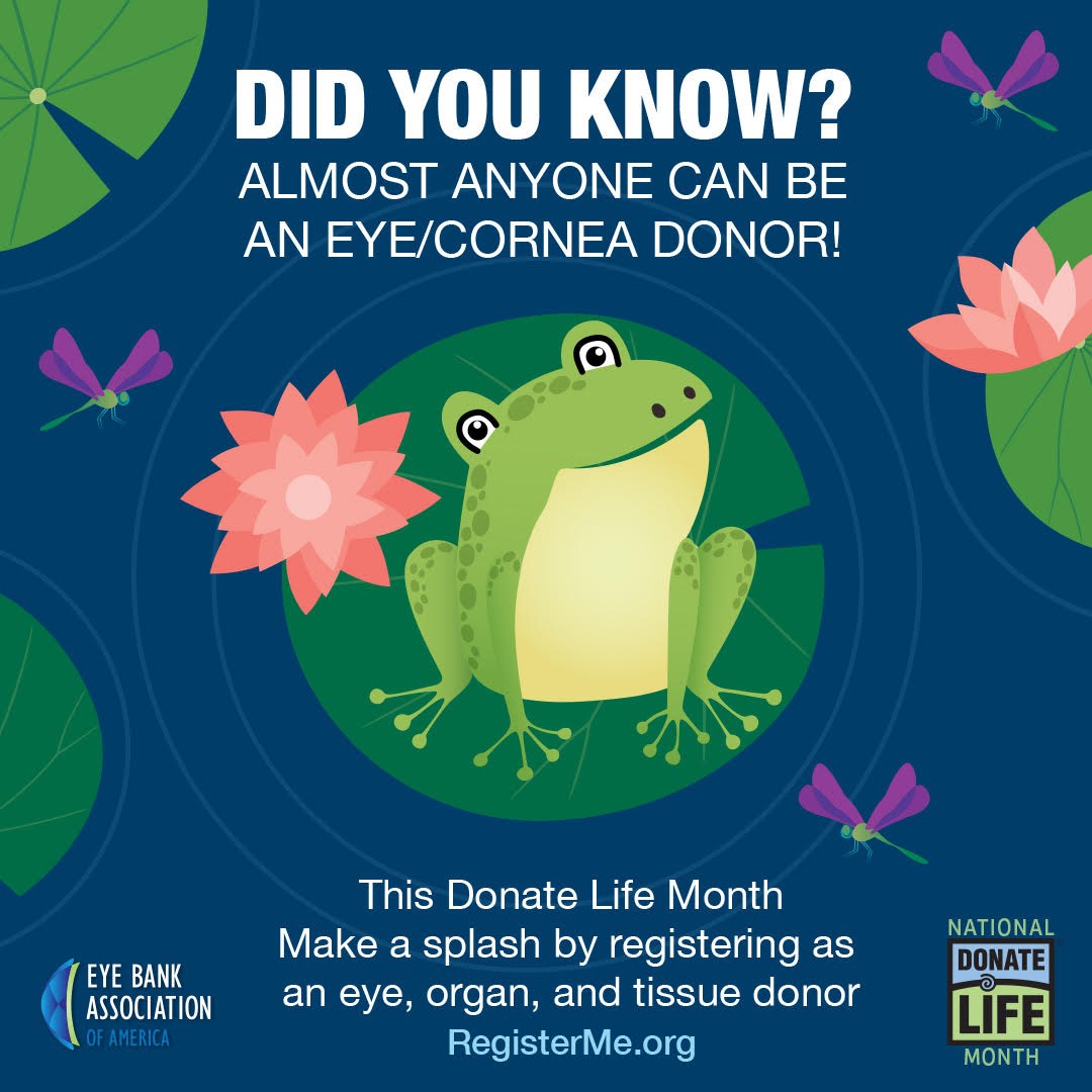 April is Donate Life Month! Please consider becoming an eye donor and give the gift of sight to someone in need. #eyebank #giftofsight #giveback #cornea 👁️