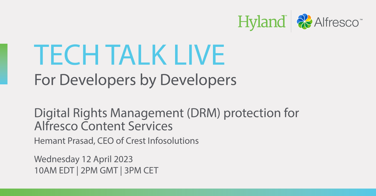 Join us on April 12th for TTL # 146 - Digital Rights Management protection for #Alfresco Content Services 🎙️

Register here 👉 hub.alfresco.com/t5/news-announ…