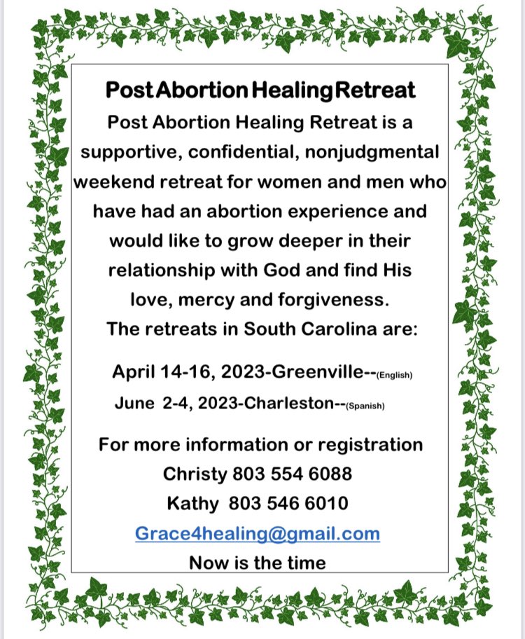 Commandeering11's tweet photo. If you or someone you know has had an abortion experience & wants to find God's healing and love: Rachel's Vineyard Retreat, April 14-16 2023 in the Greenville, SC area. #ProLife #ProChoice #Abortion #Depression #Healing #PostAbortion #Hope #Help #WomensRights https://t.co/Mp9jQ4Wy94