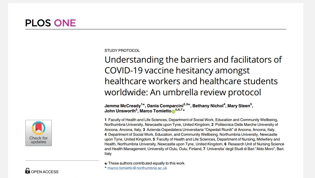 Our review protocol for an umbrella review exploring the barriers and facillitators of COVID-19 vaccine hesitancy amongst healthcare workers &amp; healthcare students is now available: doi.org/10.1371/journa…
<a href="/marco_tomietto/">Marco Tomietto</a> <a href="/d_comparcini/">Dania Comparcini</a>
<a href="/beth_research/">Beth Nichol</a> <a href="/johnunsworth10/">Professor John Unsworth</a> <a href="/ProfMarySteen/">Mary P Steen</a>