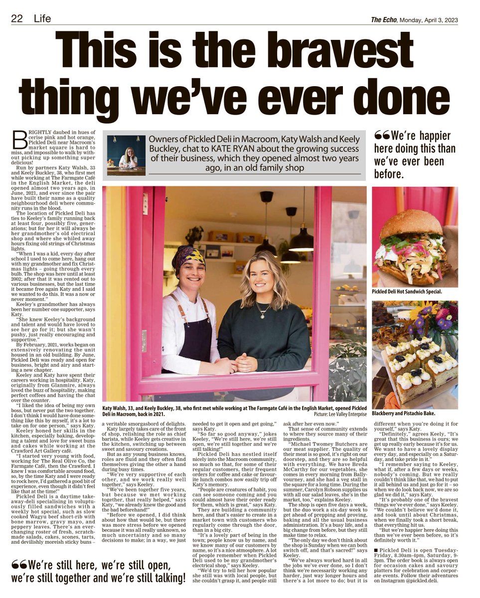 Such a positive article in The Echo yesterday for local business Pickled.

Owners Katy Walsh and Keely Buckley chatted to Kate Ryan about the success of their business which they opened almost two years ago.

You can read the full article online here: echolive.ie/corklives/arid…