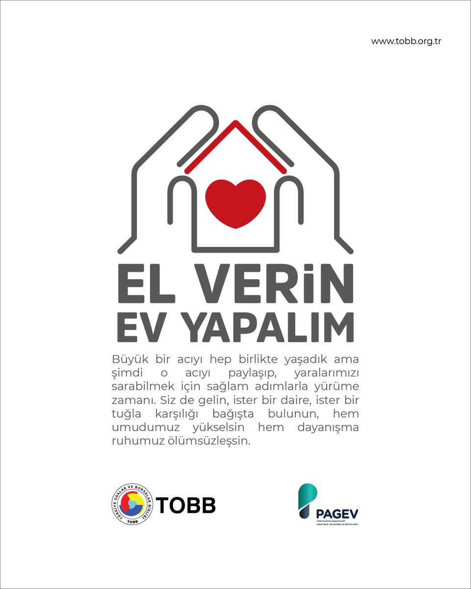 Depremzedelerin yaralarını birlikte sarmaya devam ediyoruz. Acil yardımların ardından şimdi de hızlıca kalıcı konut kampanyasıyla destek zamanı. TOBB'un *"El Verin, Ev Yapalım" kampanyasına desteğiniz önemli
Detaylar; bit.ly/3m5IRsR

<a href="/TOBBiletisim/">TOBB</a>
#ElverinEvyapalım #tobb