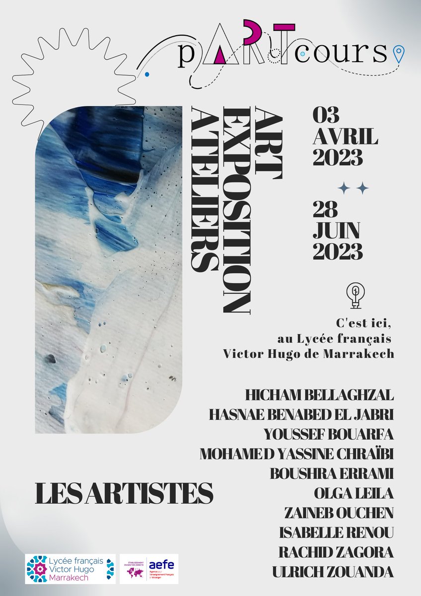 lvhmarrakech's tweet photo. [EXPOSITION] Dix artistes de la scène contemporaine #marocaine expose actuellement au @lvhmarrakech dans le cadre du dispositif #pARTcours. Laquelle exposition sera ouverte au grand public les samedis 8 et 15 avril. De 10h à 12h. Venez, l'entrée est libre ! @aefeinfo #efm #maroc https://t.co/0dTKI3aCiD