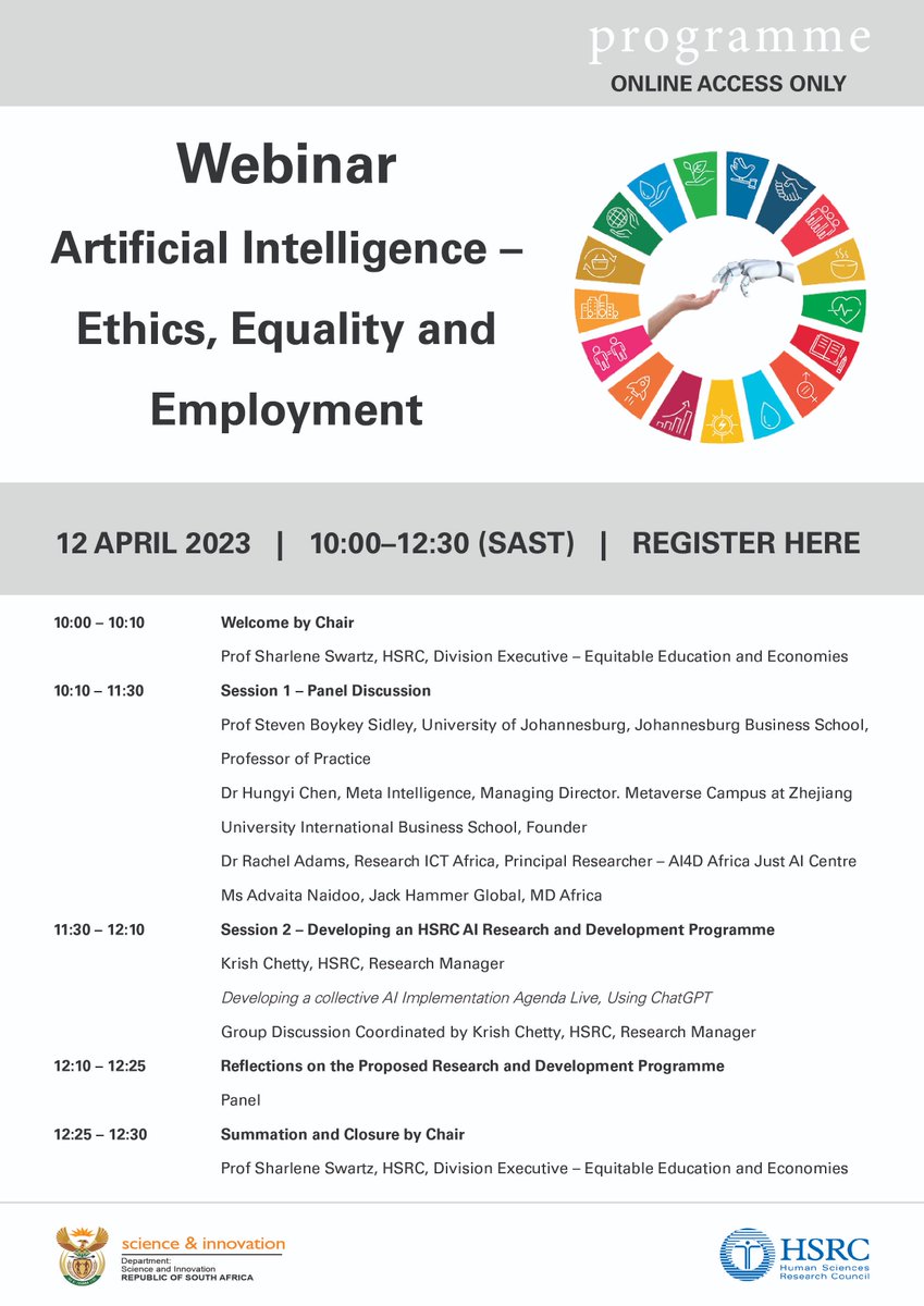 Webinar: Artificial Intelligence – Ethics, Equality and Employment. Join us on 12 April. Online only  zoom.us/meeting/regist… with @dsigovza <a href="/go2uj/">University of Johannesburg</a> <a href="/RIAnetwork/">Research ICT Africa</a> <a href="/SharleneSwartz/">Sharlene Swartz</a> <a href="/racheladamsward/">Dr Rachel Adams</a>
