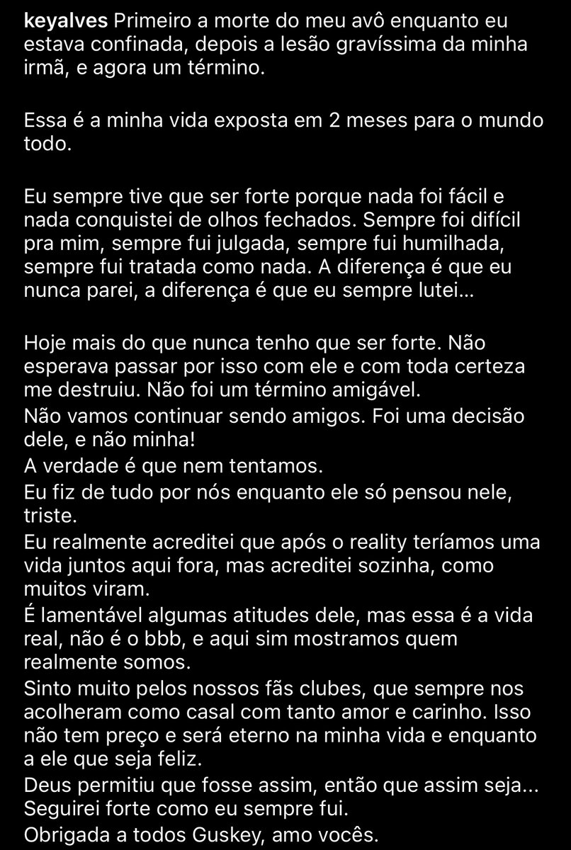 Dantinhas's tweet photo. Key Alves postou sobre o término Guskey no seu Instagram. #BBB23

Key: Não foi um término amigável. 
Não vamos continuar sendo amigos. Foi uma decisão dele, e não minha!
A verdade é que nem tentamos. 
Eu fiz de tudo por nós enquanto ele só pensou nele, triste.” https://t.co/9ojaqWnoBu
