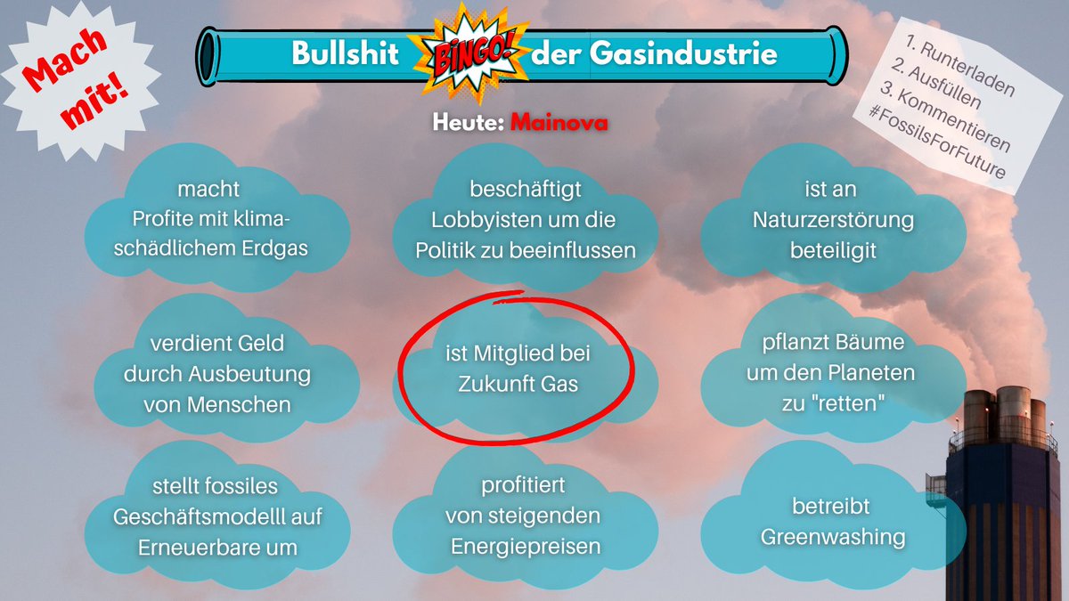 thereal_fff's tweet photo. Und natürlich gibt es zur Feier des Tages auch wieder unser #BullshitBingo der Gasindustrie! 🔥

Heute: @MainovaAG

Zum mitmachen einfach das Bild runterladen, recherchieren, ausfüllen und hier kommentieren. Wer zuerst ein Bingo hat, kriegt ein #FossilsForFuture Plakat 😉 https://t.co/XUP5TVqtB5