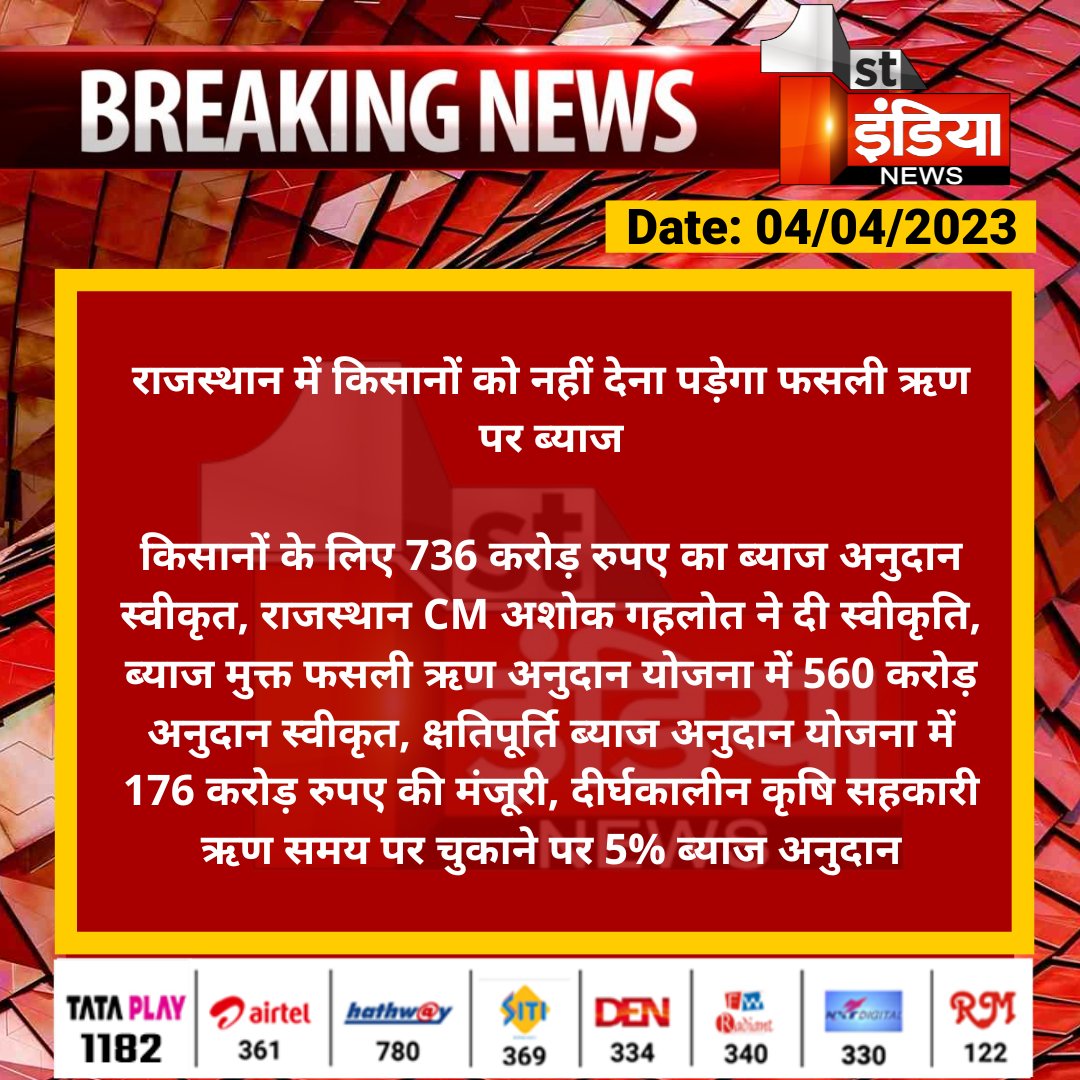 1stIndiaNews's tweet photo. राजस्थान में किसानों को नहीं देना पड़ेगा फसली ऋण पर ब्याज

किसानों के लिए 736 करोड़ रुपए का ब्याज अनुदान स्वीकृत, राजस्थान CM अशोक गहलोत ने दी स्वीकृति, ब्याज मुक्त फसली ऋण अनुदान योजना में 560 करोड़ अनुदान स्वीकृत...

@RajCMO @RajGovOfficial https://t.co/llD4UAMEWi