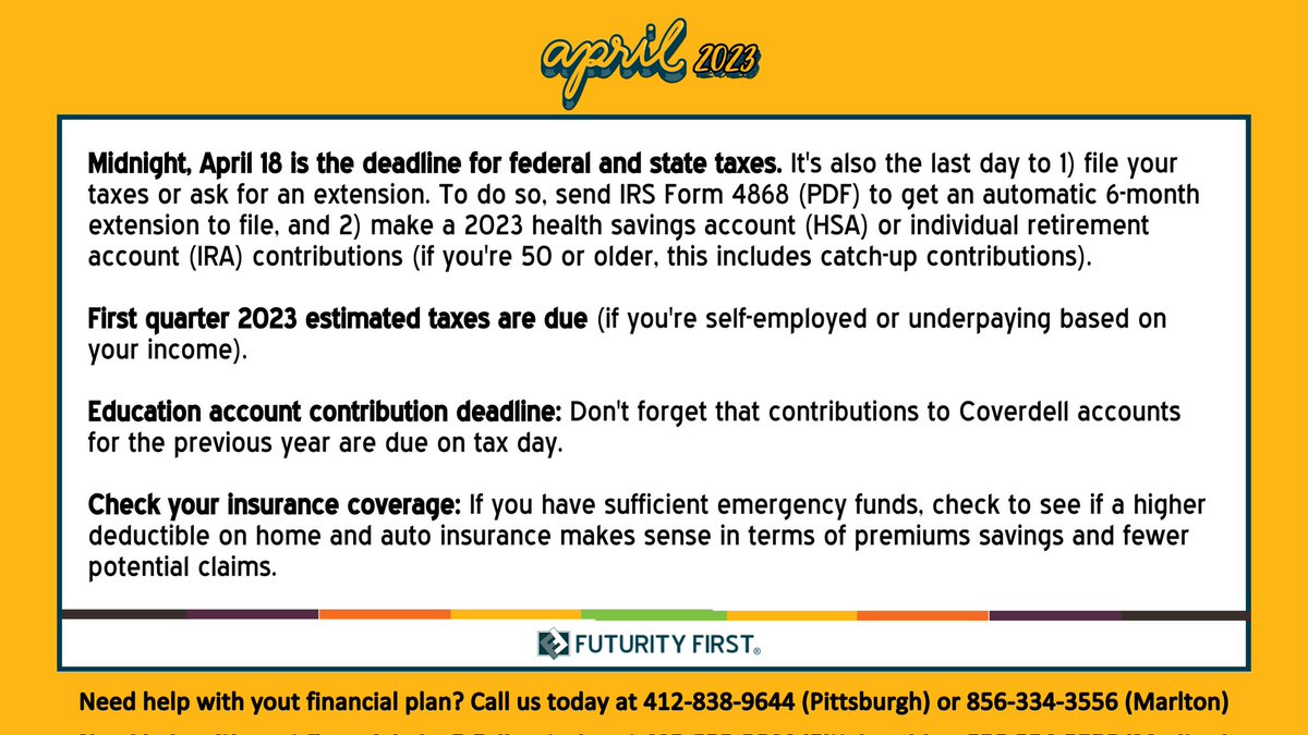 FuturityFirstNJ's tweet photo. Keep in Mind for April 2023 โ Planning for the future can be stressful. There are many events & deadlines to keep track of, when it comes to #Finances, missing an important date could cost you. This #Calendar has all the critical financial dates for #April2023.ย #GoFFIG #Dogecoin https://t.co/PrrkQlAiOr