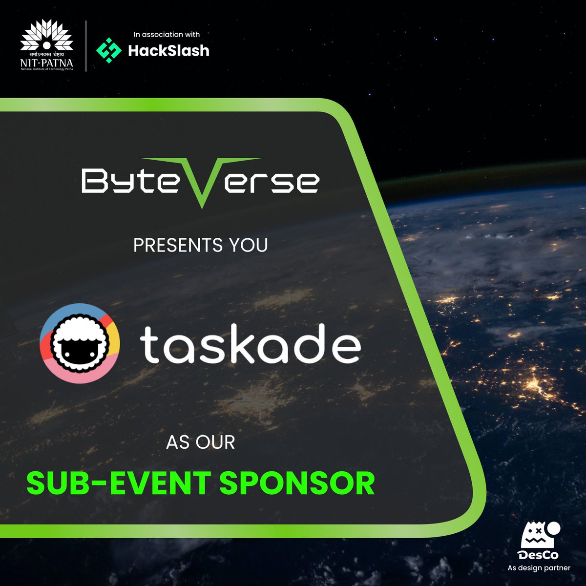 hackslash_nitp's tweet photo. 📣HackSlash NIT-P is proud🤩 to announce @Taskade as the Sub-Event Sponsor🥳 to the official hackathon🧑‍💻, 𝐁𝐲𝐭𝐞𝐕𝐞𝐫𝐬𝐞. 

📌𝐃𝐢𝐬𝐜𝐨𝐫𝐝 𝐒𝐞𝐫𝐯𝐞𝐫:
https://t.co/CjkdWICs6f
📌𝐖𝐞𝐛𝐬𝐢𝐭𝐞:
https://t.co/mWaapzvmhG

#hackslash #hackathon #taskade #nitpatna #byteverse https://t.co/3IVTRv1Ady