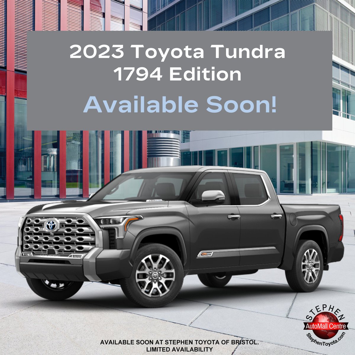 StephenToyotaCT's tweet photo. The new 2023 Toyota Tundra 1794 Edition will be available soon here at Stephen Toyota of Bristol! Limited availability, so stop in while you can to check out this year's special edition Toyota... https://t.co/AFYHovqVfl