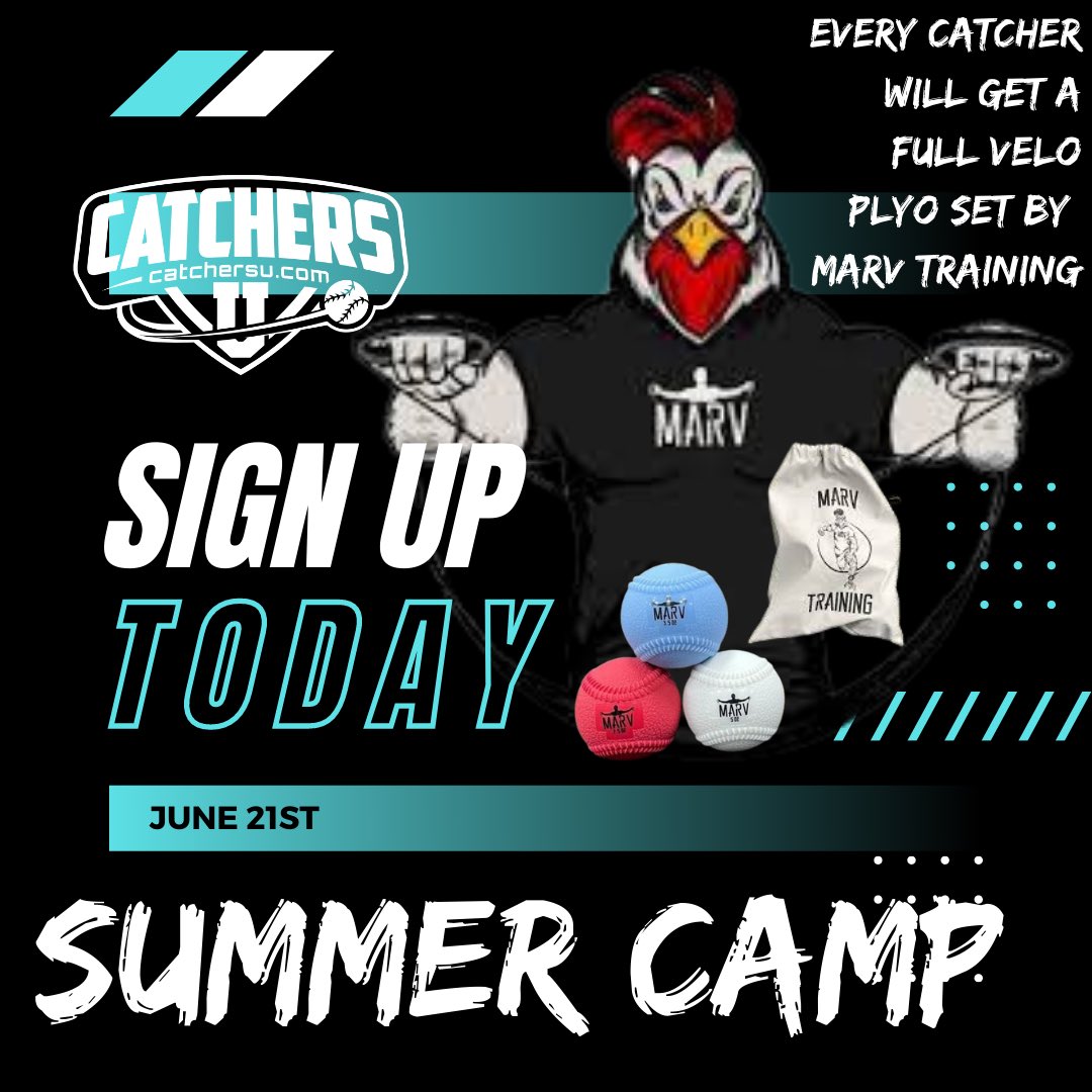 Sign Up Today for our Annual Summer Camp!!! We are excited to have 10 college catching coaches on staff for the day! Catchers who attend camp will receive a full plyo ball set from <a href="/MarvTraining/">Marv Training 🐔</a> so u can take camp home with U! #baseball #catchersu #catchingcamp #baseballcamp