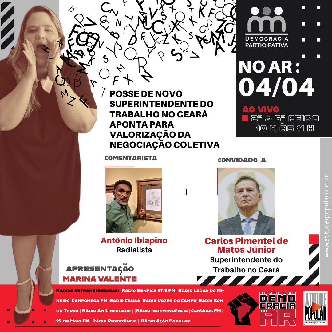 donamegafone's tweet photo. POSSE DE NOVO SUPERINTENDENTE DO TRABALHO NO CEARÁ APONTA PARA VALORIZAÇÃO DA NEGOCIAÇÃO COLETIVA
Convidado: Carlos Pimentel de Matos Júnior - Superintendente do Trabalho no Ceará
Comentarista: Antônio Ibiapino - Radialista
#DemocracianoAr #NegociaçãoColetiva #MarinaValente https://t.co/UD5lf8irIC