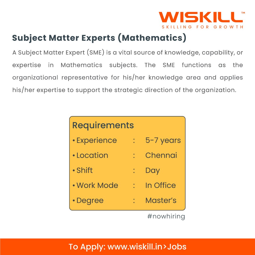 WiSkillOfficial's tweet photo. Are you specialized in maths? Wiskill is hiring subject matter experts in mathematics! Click on the below link to know more
https://t.co/147P5uNHav
#mathematics #subjuctexperts #assessmenttestforjobs #jobcareertest #assessmentjobs #skilldevelopmentinstitutes https://t.co/7Shiby6HBq