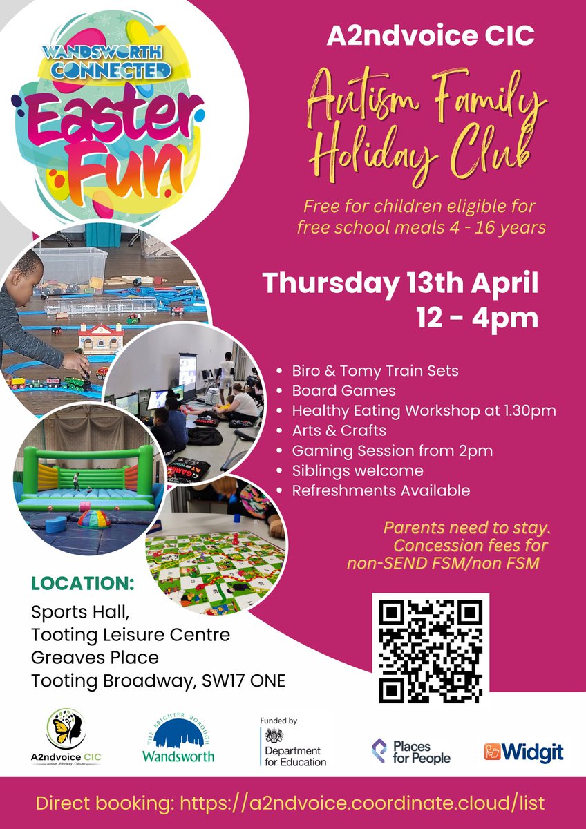 Easter Fun for autistic/SEND children 4 to 16 years siblings welcome too.....
<a href="/TootingBalhamSC/">Tooting&BalhamSCC</a>  #TootingLeisureCentre 

#autism #sensoryplay #widgit 
<a href="/Widgit_Software/">Widgit</a> <a href="/MovementWorksEd/">MovementWorks</a> <a href="/PopUpArcadeUK/">Pop Up Arcade</a> <a href="/WAdvisoryAutism/">Wandsworth Autism Advisory Service</a> <a href="/educationgovuk/">Department for Education</a>