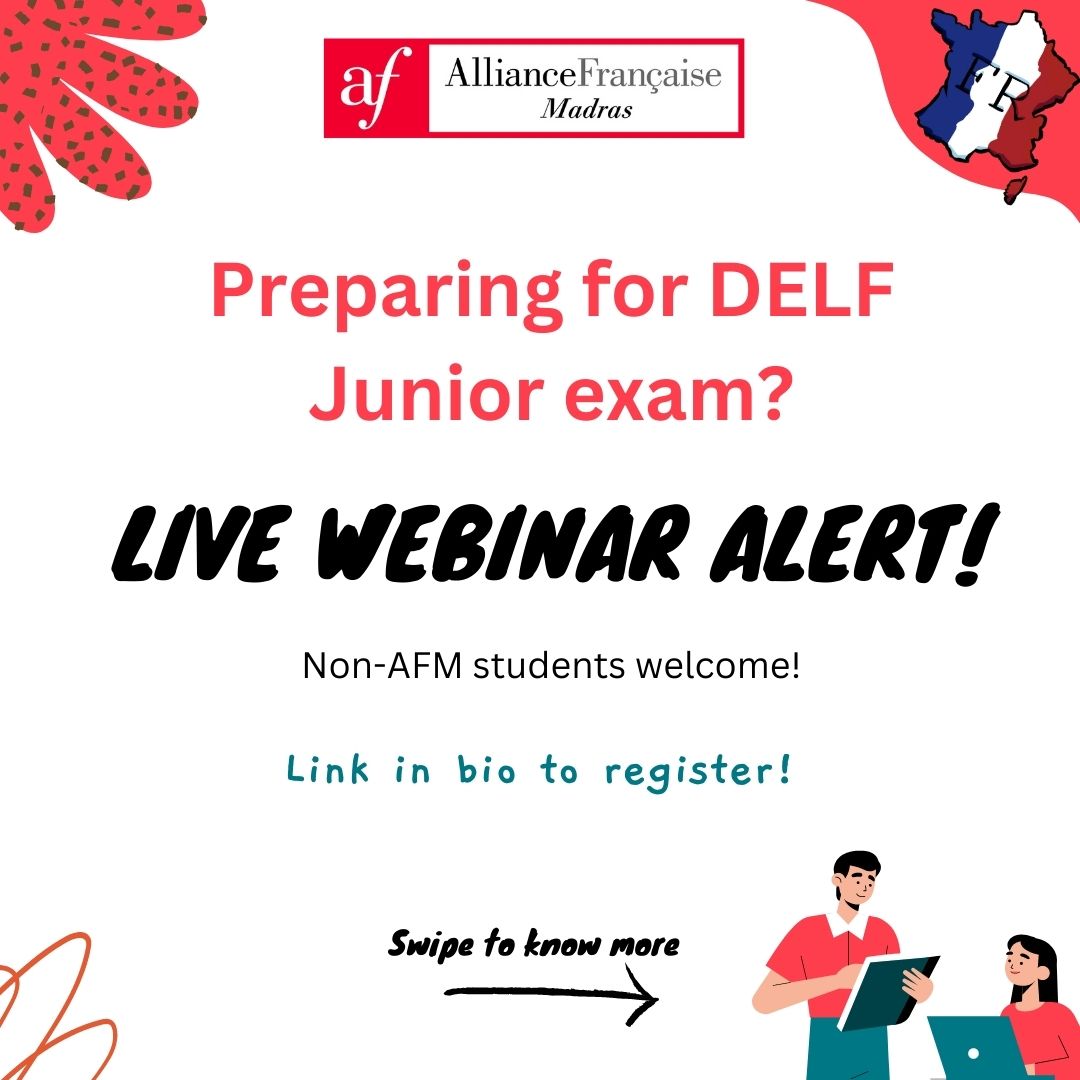 AFMadras's tweet photo. Live #webinar to prepare you for #DELFJunior.
Date: 5th of April
Time: 5-6 pm (IST)
This live webinar is open to all ##AFM and non-AFM students of #French.
Last date to register for Webinar: 4th April, 2023
Click here to register: https://t.co/qfGoNHgcb5 https://t.co/fIx6hDHr9Y