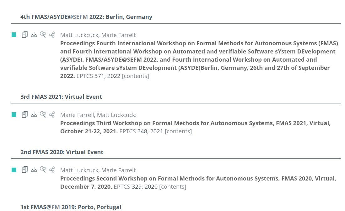 FMASWorkshop (@fmasworkshop) on Twitter photo For quick access to all the proceedings from our previous workshops on Formal Methods for Autonomous Systems, you can check the page generated by the lovely people <a href="/dblp_org/">дблп - ☮ Stop the war!</a> : dblp.dagstuhl.de/db/conf/fmas/i…
#FMAS2023 #FMAS2022 #FMAS2021 #FMAS2020 #FMAS2019 For quick access to all the proceedings from our previous workshops on Formal Methods for Autonomous Systems, you can check the page generated by the lovely people <a href="/dblp_org/">дблп - ☮ Stop the war!</a> : dblp.dagstuhl.de/db/conf/fmas/i…
#FMAS2023 #FMAS2022 #FMAS2021 #FMAS2020 #FMAS2019