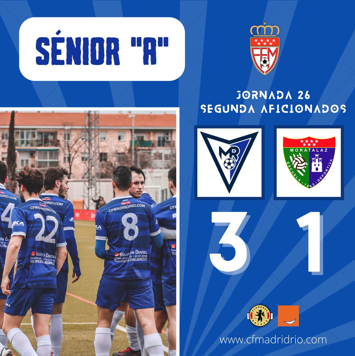 CFMadridRio's tweet photo. 📝⚽️ CRÓNICA J26 | #SéniorA

🗣️🎙️@rober_ruiz8: “El agradecimiento al vestuario es enorme, ya que después de una semana difícil, tuvimos que variar muchos de nuestros conceptos habituales, y se vaciaron para plasmarlo en el campo y sumar 3 puntos vitales”.

#SoñamosDespiertos 💙 https://t.co/rJFcslJCJ3