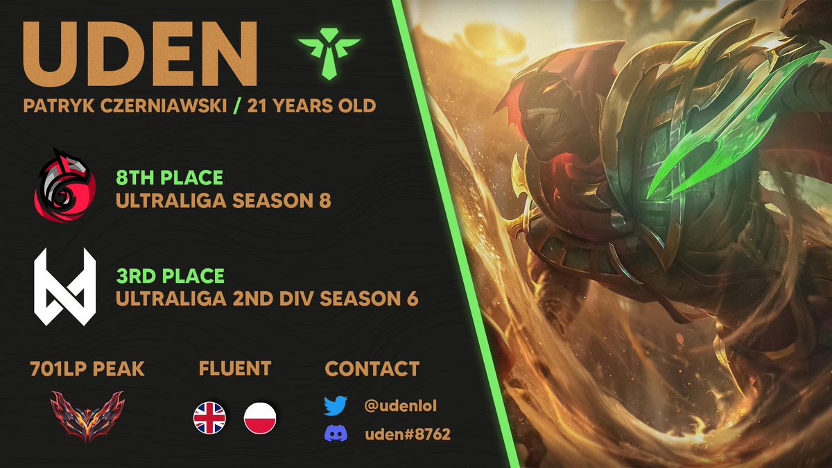 Hello, I'm still under contract with <a href="/devils1gg/">devils.one</a> but they allowed me to explore options for upcoming summer split.
Open for all offers/tryouts.
VODs from scrims and officials are available upon request
References: <a href="/Blodgharm1/">Jacek Czerwiński</a> <a href="/Vounghuard/">Vounghuard</a> 
Contact via DM
rts appreciated 🥰