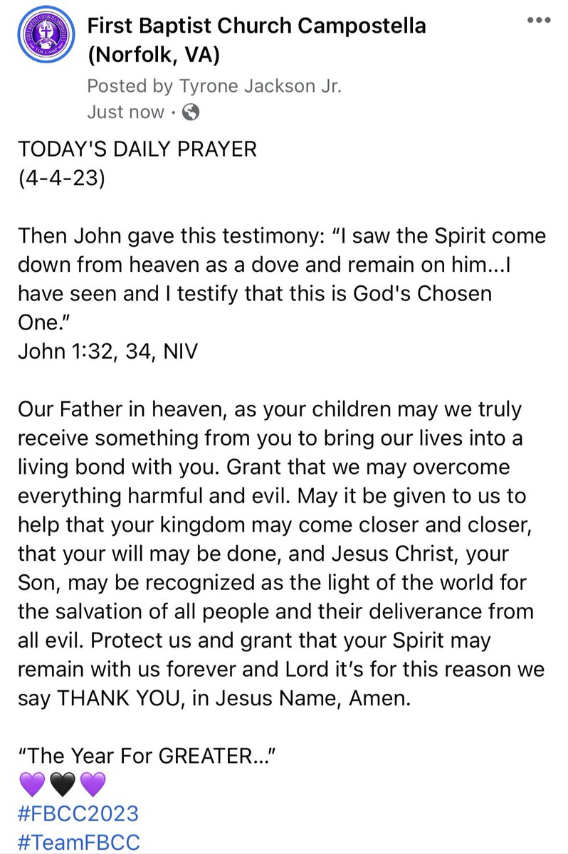 FBCCampostella's tweet photo. TODAY'S DAILY PRAYER
(4-4-23)

“The Year For GREATER…”
💜🖤💜
#FBCC2023
#TeamFBCC
#RevDrTyroneJacksonJr https://t.co/XgWn0JJ4Wp