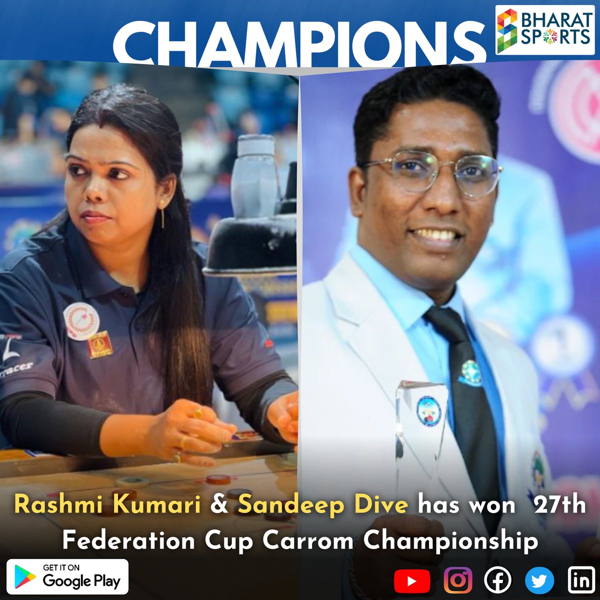 Rashmi Kumari & Sandeep Dive are the Champions of Men's and Women's in 27th Federation Cup Championship at Varanasi.
#carrom #carromboard #boardgames #rashmikumari #sandeepdive #bharatsports #SportsNews