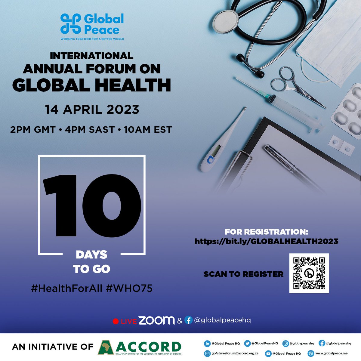 GlobalPeaceHQ's tweet photo. 10 Days to go for our Annual Forum on Global Health. We can't wait to have a great conversation around global health post covid19. Register @ https://t.co/XbNNGxNuUT to join. We look to listening to your inputs and voices. Lets do this together. 
#healthForAll #WHO75 #Health https://t.co/Pz2vanjZQD