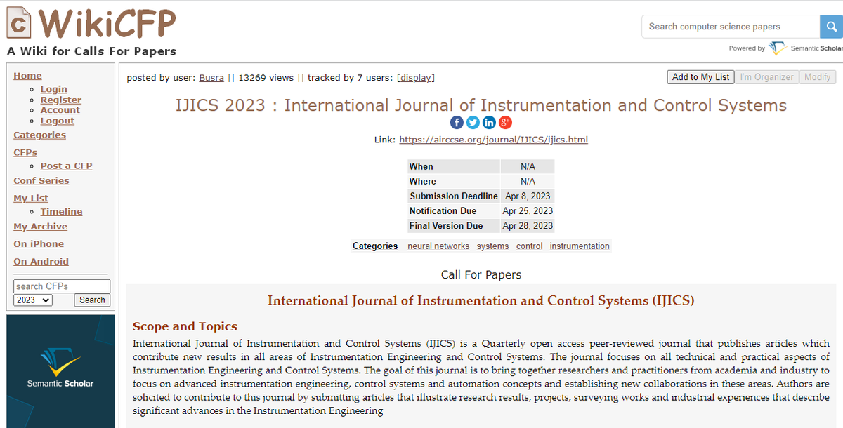 IJICS Journal (@besskaeley) on Twitter photo Call For Papers..!!
International Journal of Instrumentation and Control Systems (IJICS)
Web page URL: airccse.org/journal/IJICS/…
Submission URL:coneco2009.com/submissions/im…
SUBMIT NOW..!!
Contact Us: ijics@aircconline.com
#robustcontrol#neuro-fuzzycontrol#measurementtechniques#bio Call For Papers..!!
International Journal of Instrumentation and Control Systems (IJICS)
Web page URL: airccse.org/journal/IJICS/…
Submission URL:coneco2009.com/submissions/im…
SUBMIT NOW..!!
Contact Us: ijics@aircconline.com
#robustcontrol#neuro-fuzzycontrol#measurementtechniques#bio