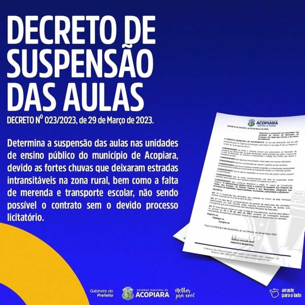 donizetearruda7's tweet photo. 💣💣💣INACREDITÁVEL! PREFEITO ANTONIO ALMEIDA SUSPENDE AULAS DA REDE PÚBLICA MUNICIPAL DURANTE MÊS DE ABRIL.
A desculpa é a destruição das estradas de Acopiara. A provável verdade: transporte escolar atrasado,ameaçava fazer greve.MPCE deve investigar prejuízo do ensino de alunos. https://t.co/rFZYsSSxHo