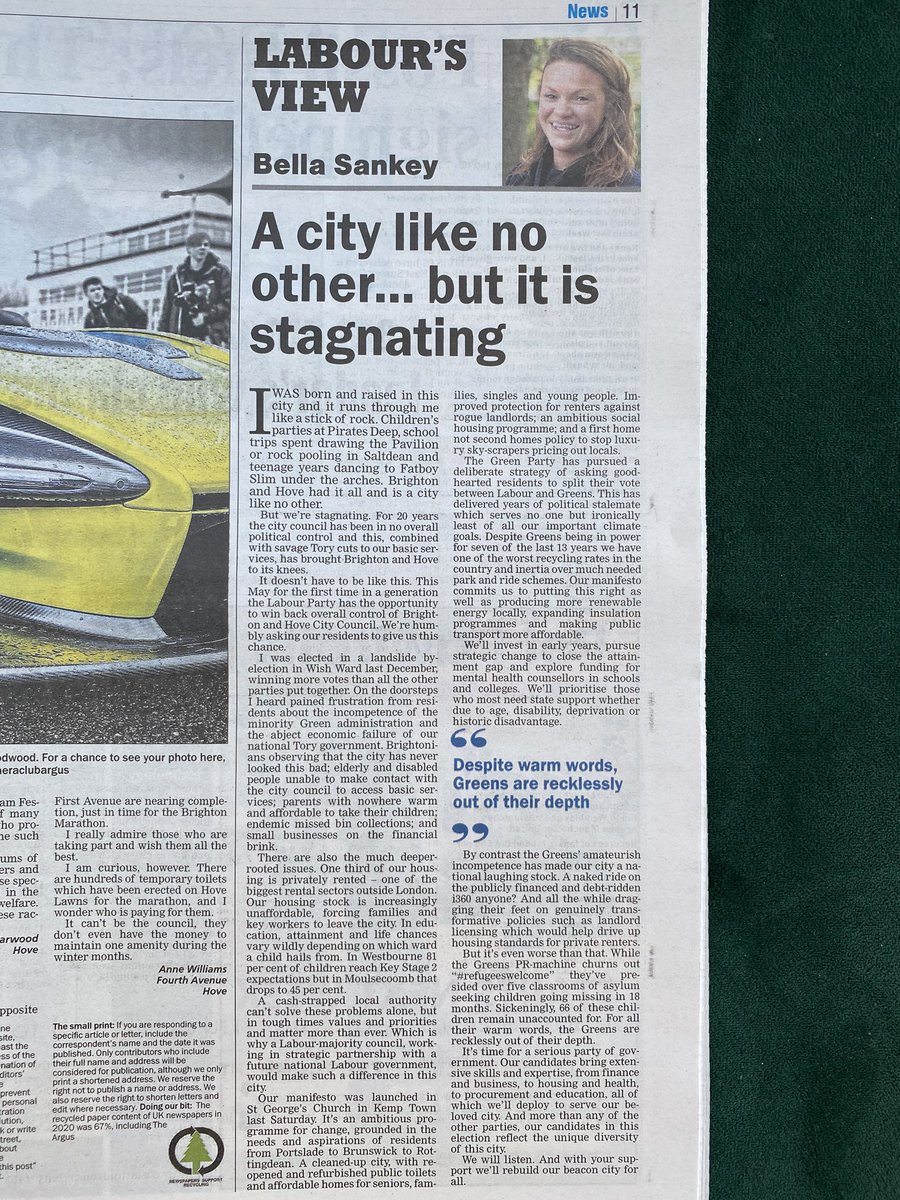 Wish4Labour's tweet photo. Our candidate, @BellaSankey had her first column in @brightonargus today 🙌🏽 https://t.co/lxEa1YLKCJ