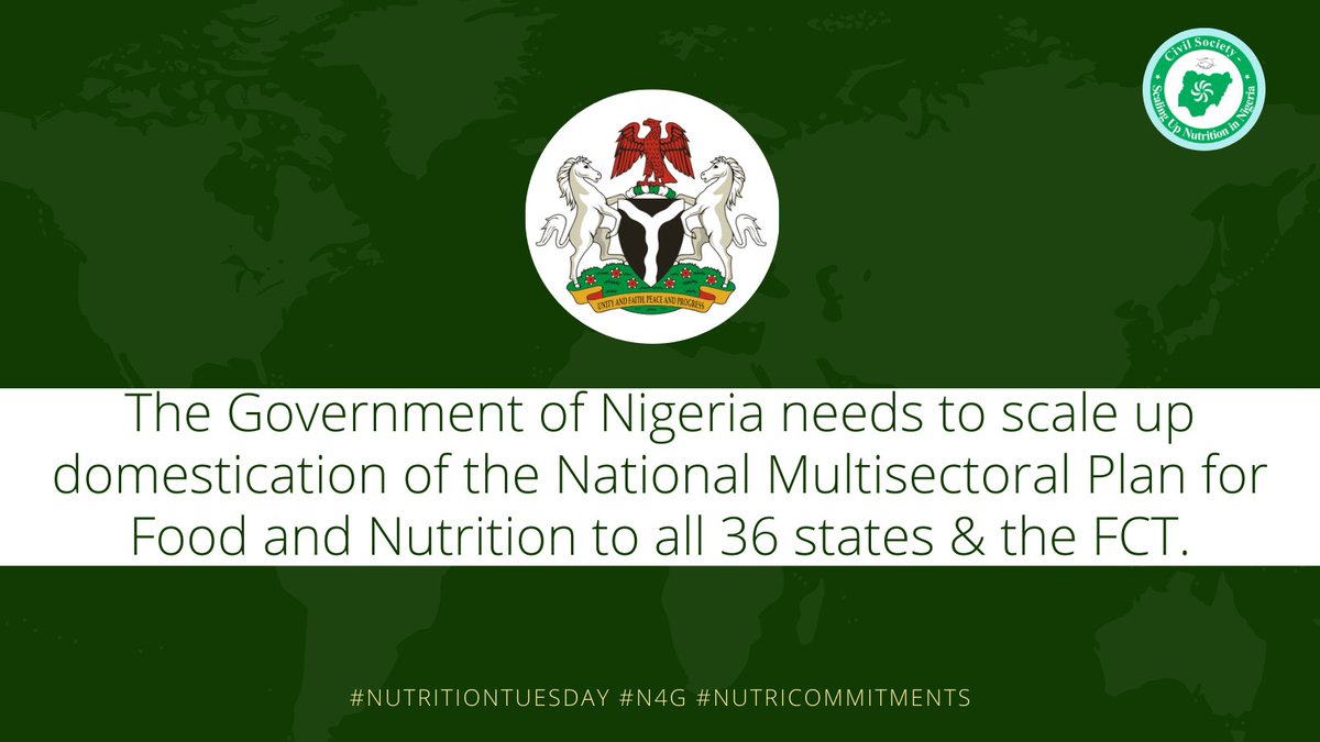#NutritionTuesday #N4G #nutricommitments
We call on <a href="/NigeriaGov/">Government of Nigeria</a> <a href="/FinMinNigeria/">Federal Ministry of Finance</a>  to scale up domestication of this Plan across the 36 states plus the <a href="/cssunnfct/">CS-SUNN FCT</a>