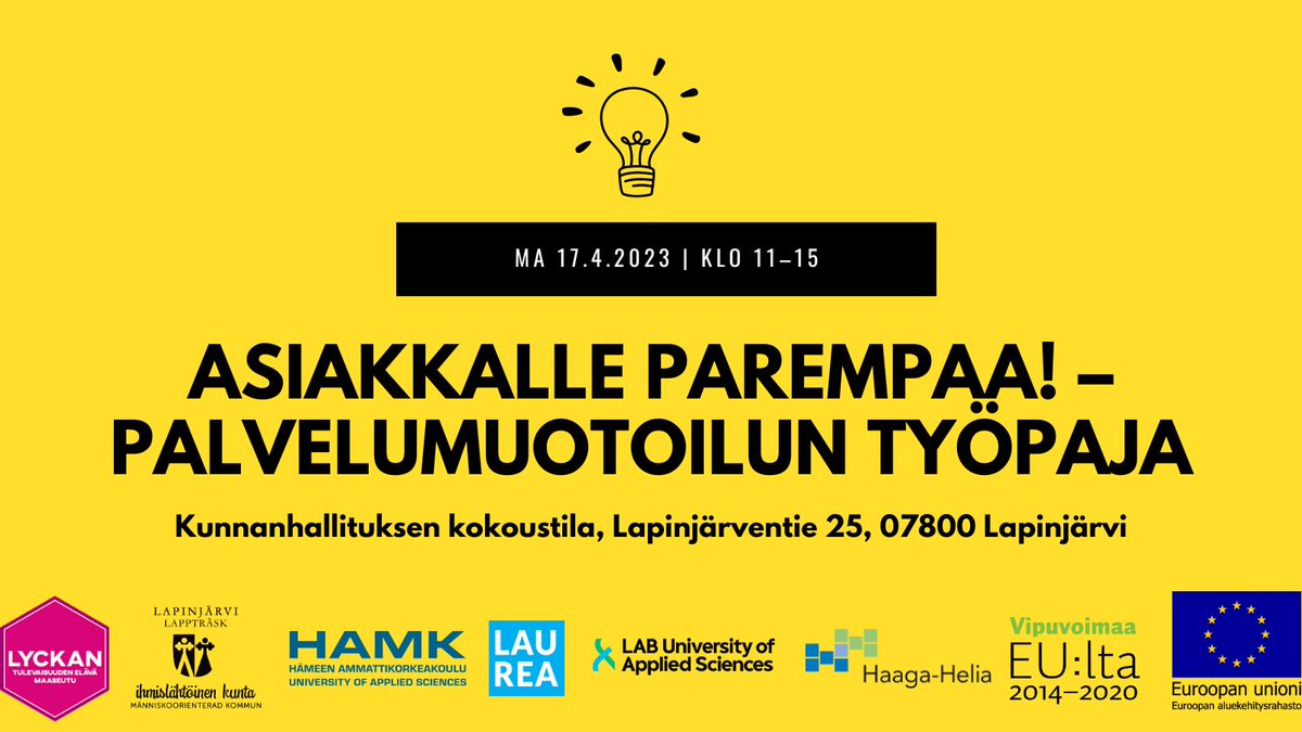Palvelumuotoilun työpaja ma 17.4. klo 11 Lapinjärvellä. / Tjänstedesign workshop mån 17.4. kl. 11 i Lappträsk. Tervetuloa! Välkomna!
Ilmoittaudu täällä: / Anmäl dig här: forms.gle/wRBUx1AkYkJ8by…
#palvelumuotoilu #servicedesign #lyckanhub #lapinjärvi
