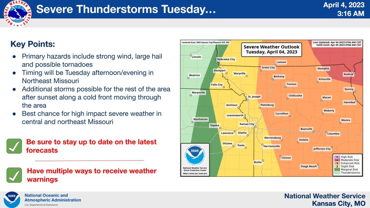NWSKansasCity's tweet photo. Severe thunderstorms possible Tuesday afternoon and evening in northern Missouri.  After sunset an additional line of storms expected to develop along a front moving through the area.  Be sure you have a way to receive warmings this afternoon. https://t.co/aP9LjhrIne