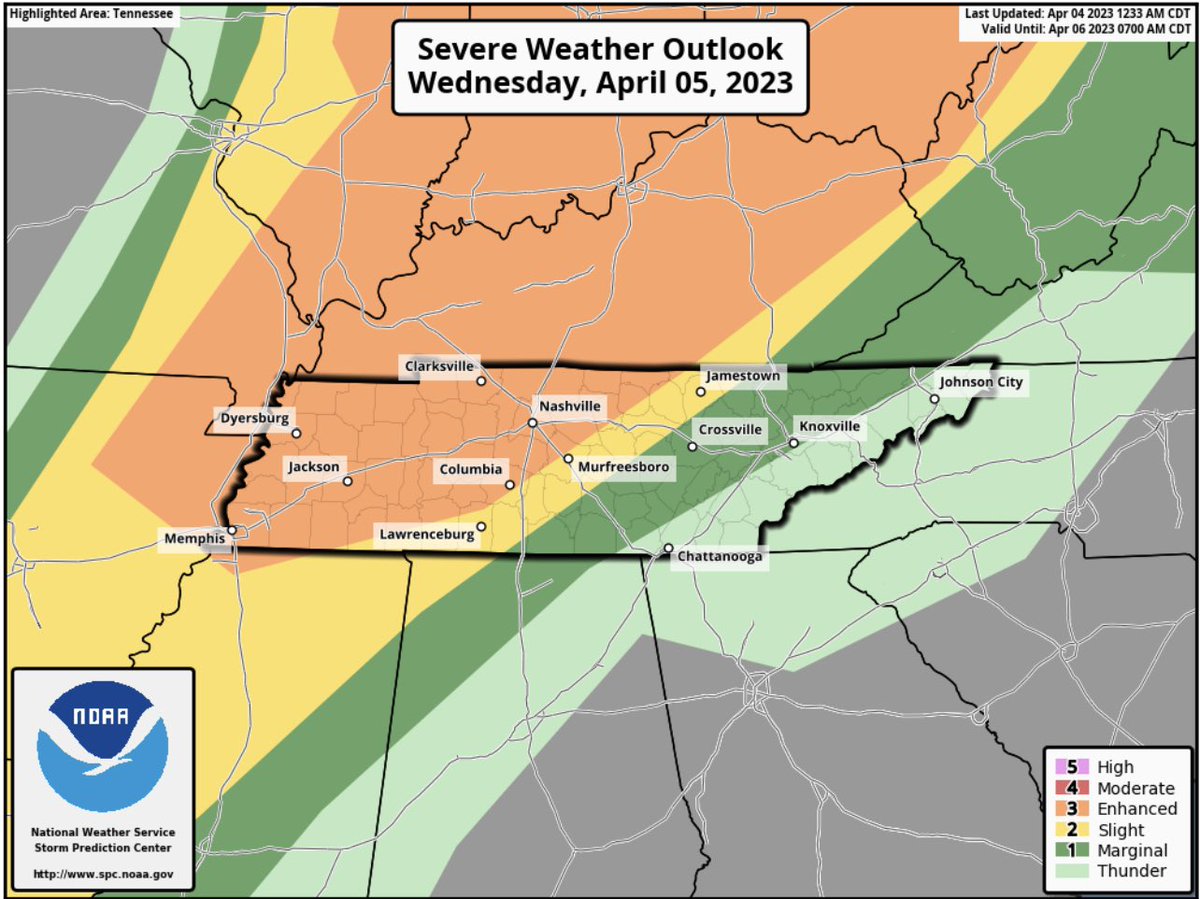 NashSevereWx's tweet photo. Stay weather aware tomorrow afternoon and evening. Our severe weather chances have been upgraded for Wednesday. More in the blog later. Today, sunny and Mid 80’s. https://t.co/1tK88gl3kf