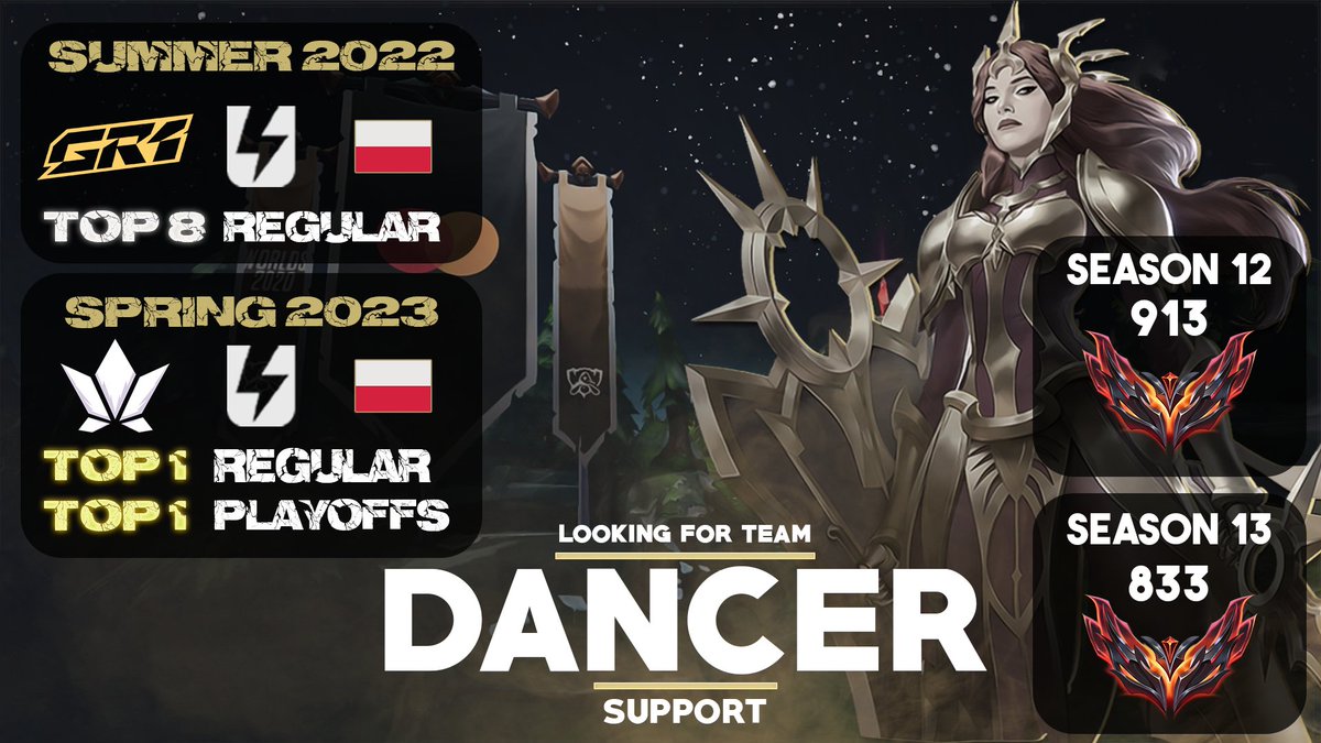 Hello everyone! After winning  Ultraliga 2 with
@LotusGamingW
I'm now a Free Agent and open for ERL 1/2 offers for Summer Split.

- VODs available upon request 
- References <a href="/CoachFykling/">Sleby</a> <a href="/JestemMaruzeL/">Piotr 'MaruzeL' Matuszewski</a> 
- Contact me thru DM or discord Dancer#8271

♥️&amp;rts are highly appreciated!